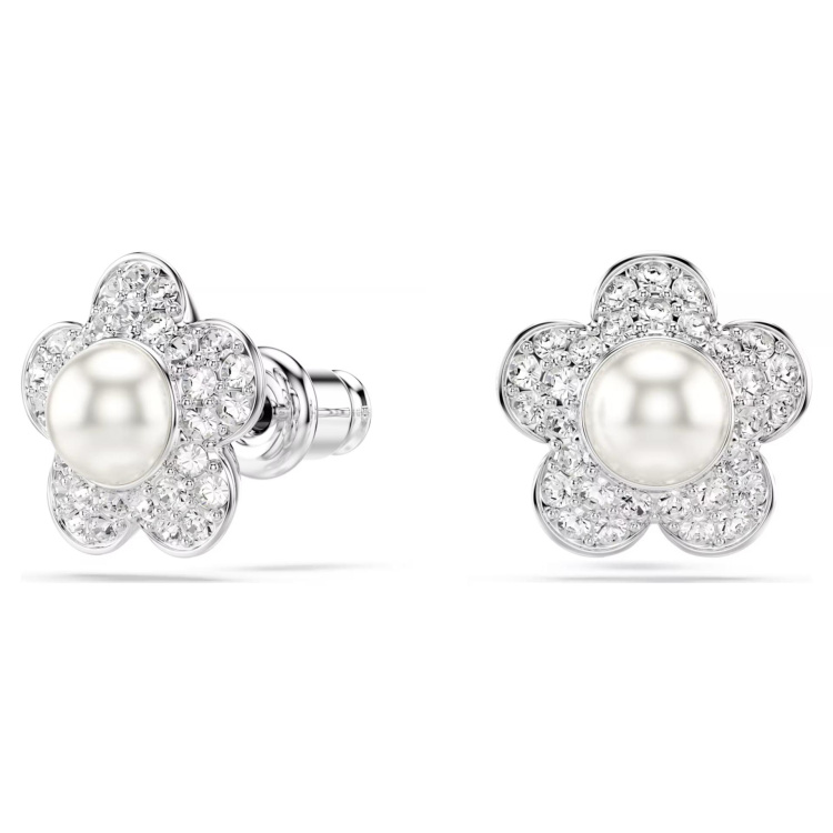 Ariana Grande x Swarovski stud earrings Crystal Pearl, Round cut, Flower, White, Rhodium plated